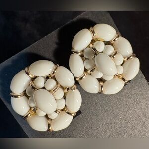 Vintage Signed Western Germany Milk Glass Clip-on Earrings; 1”
